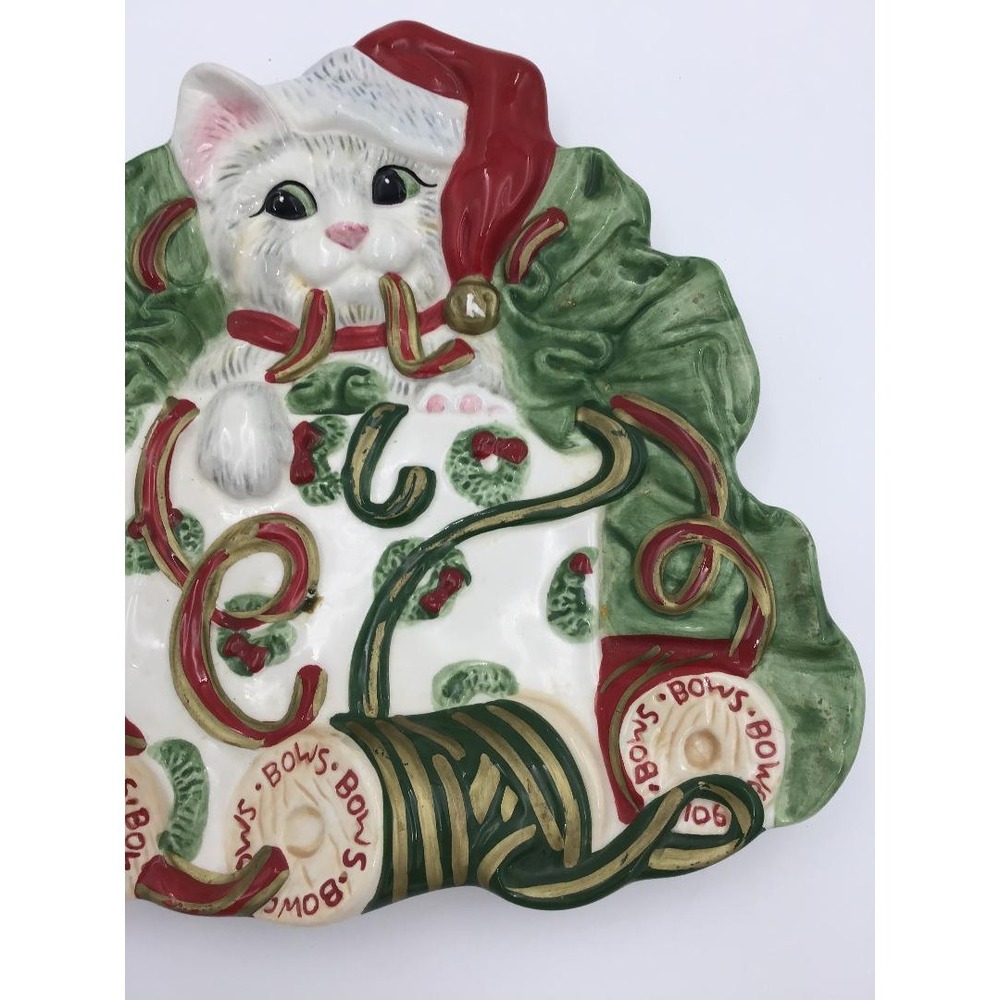 Vintage Fitz and Floyd Ceramic Christmas Plate Set Santa Claus & Holiday Kitten - Picture 13 of 14